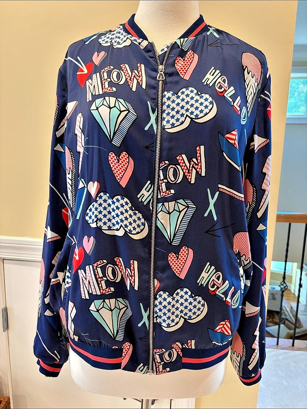 Tiff Outerwear Printed Bomber Jacket Blue & Pink Size Medium